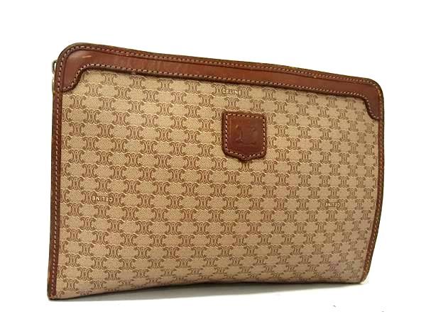 1円 CELINE セリーヌ マカダム柄 PVC×レザー クラッチバッグ セカンドバッグ レディース メンズ ベージュ系×ブラウン系 FR6669拍卖