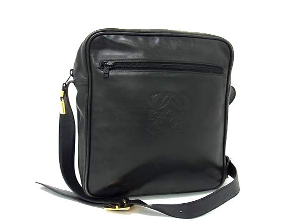 1円 LOEWE ロエベ アナグラム レザー ショルダーバッグ クロスボディ 斜め掛け ブラック系×ゴールド系 BN6069拍卖