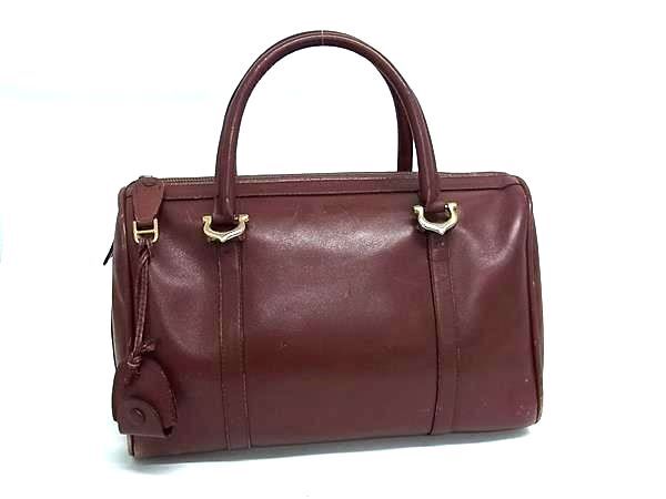 1円 Cartier カルティエ マストライン レザー ミニボストンバッグ ハンドバッグ レディース メンズ ボルドー系 BM9976拍卖