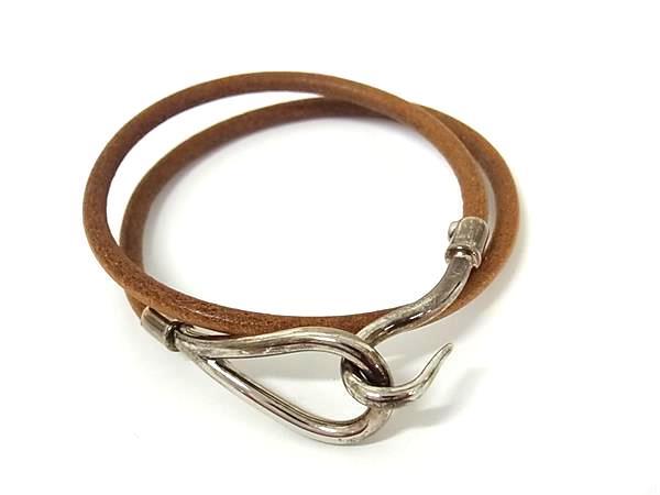 1円 HERMES エルメス ジャンボ レザー 2連 シルバー金具 ブレスレット チョーカー アクセサリー ブラウン系 FU6052拍卖