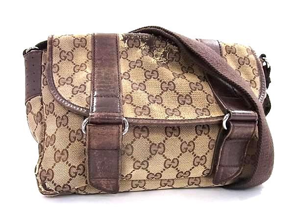 1円 GUCCI グッチ 145858 GG柄 キャンバス×レザー クロスボディ ショルダーバッグ 斜め掛け メンズ レディース ブラウン系 FP8745拍卖