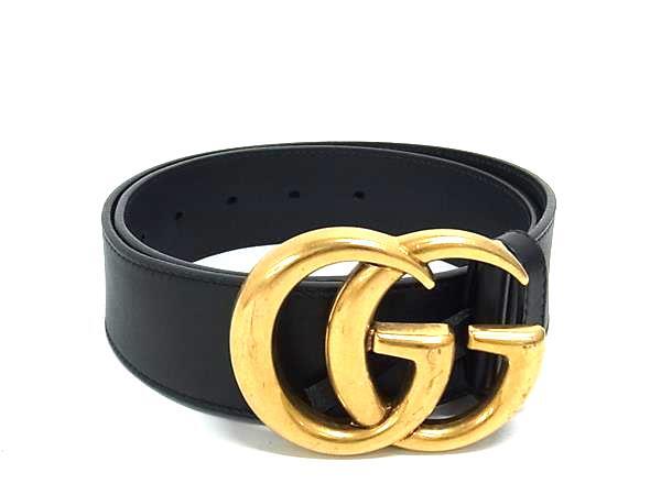 1円 ■美品■ GUCCI グッチ 400593 GGマーモント レザー ゴールド金具 ベルト 表記サイズ 70・28 レディース メンズ ブラック系 FU5954拍卖