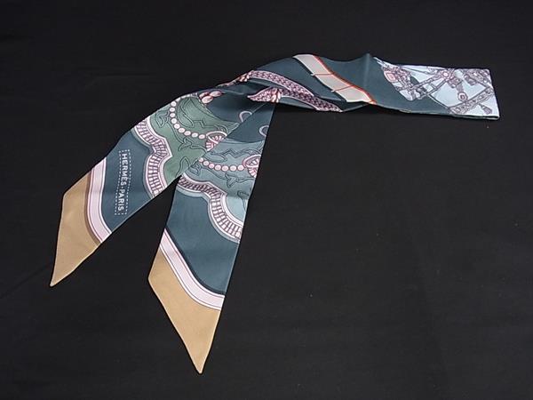 1円 HERMES エルメス GRAND APPARAT ツイリー シルク100% リボンスカーフ レディース グリーン系×マルチカラー FU5721拍卖