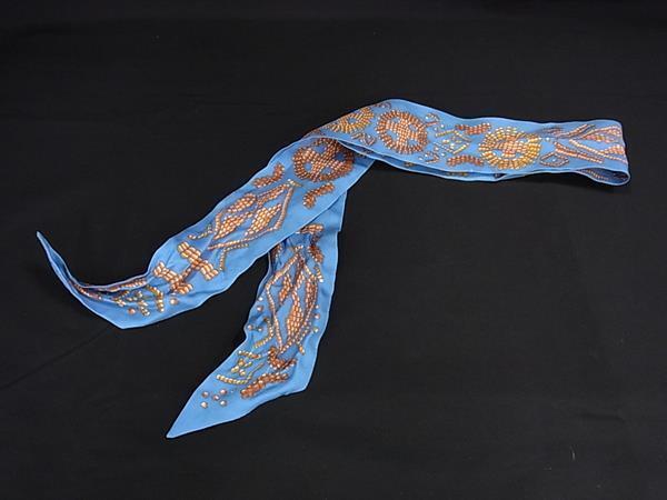1円 HERMES エルメス KELLY EN PERLES 【ケリーアンペルル】ツイリー シルク100% リボンスカーフ レディース ブルー系×オレンジ系 FU5723拍卖