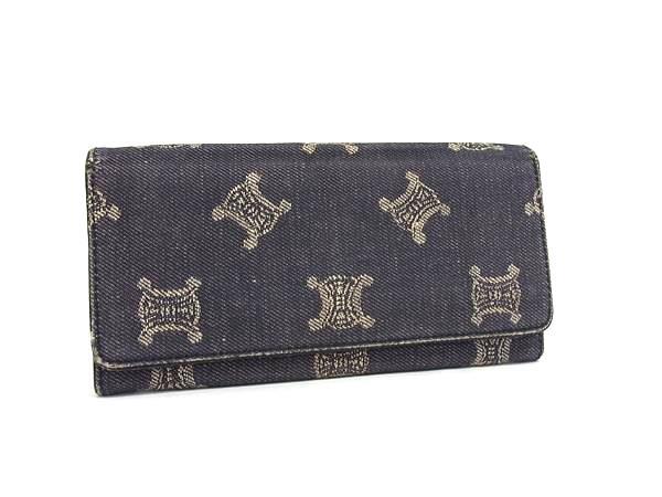 1円 CELINE セリーヌ パリマカダム デニム 二つ折り 長財布 ウォレット 小銭入れ 札入れ レディース メンズ ブラック系 FT2170拍卖