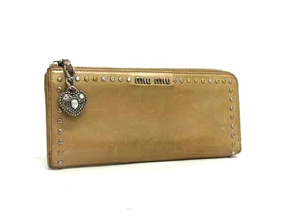 1円 miumiu ミュウミュウ レザー L字ファスナー 長財布 ウォレット 小銭入れ 札入れ カード入れ レディース ベージュ系 FS7292拍卖