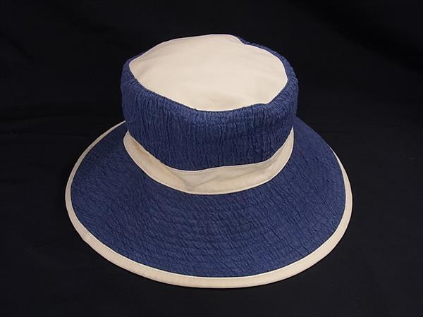 1円 HERMES エルメス リネン×レザー ハット 帽子 表記サイズ58 レディース ブルー系×クリーム系 FU5829拍卖