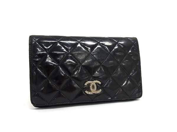 1円 CHANEL シャネル ココマーク マトラッセ パテントレザー 二つ折り 長財布 ウォレット 小銭入れ 札入れ レディース ブラック系 FN7838拍卖