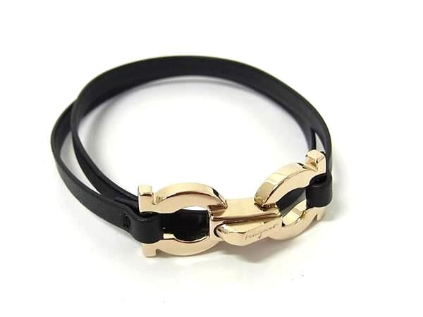 1円 ■極美品■ Salvatore Ferragamo フェラガモ ダブルガンチーニ レザー 2連 ブレスレット チョーカー アクセサリー ブラック系 FS7193拍卖