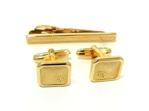 1円 ChristianDior クリスチャンディオール ヴィンテージ カフスボタン カフリンクス ネクタイピン 2点セット ゴールド系 FS7210拍卖