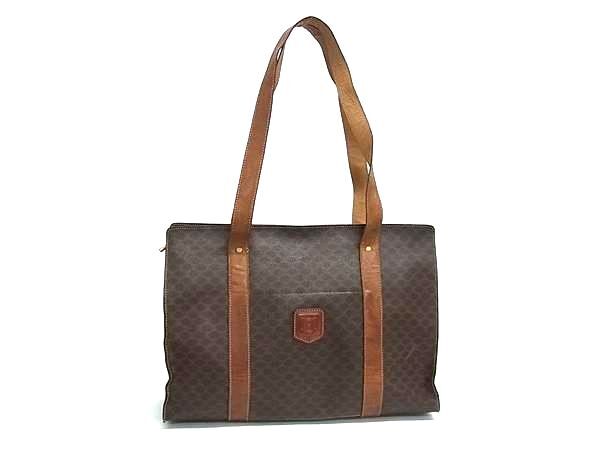 1円 CELINE セリーヌ マカダム柄 PVC×レザー ハンドバッグ トートバッグ ショルダー 肩掛けかばん レディース ブラウン系 GA5842拍卖