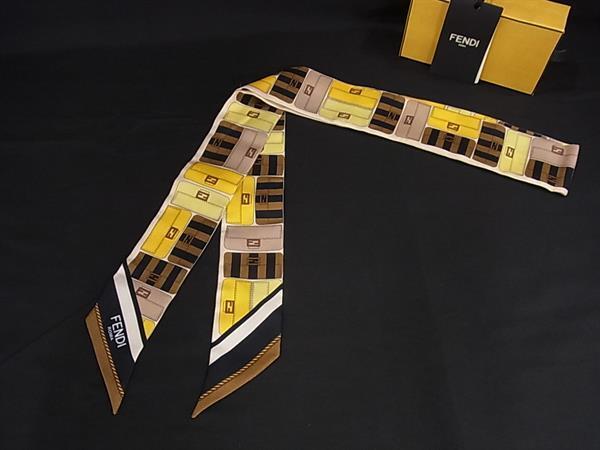 1円 ■美品■ FENDI フェンディ ラッピー 総柄 ツイリー リボンスカーフ レディース ブラウン系×マルチカラー FU5291拍卖