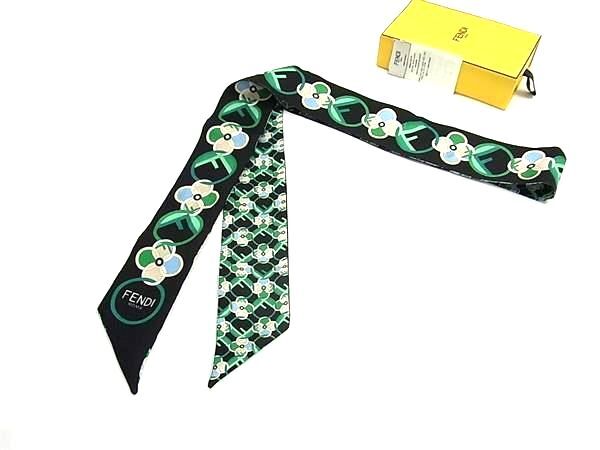 1円 FENDI フェンディ ラッピー シルク100% リボンスカーフ ツイリー レディース ブラック系×マルチカラー FU5238拍卖