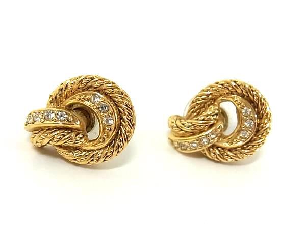1円 ■美品■ ChristianDior クリスチャンディオール ヴィンテージ ラインストーン ピアス アクセサリー レディース ゴールド系 FS6979拍卖