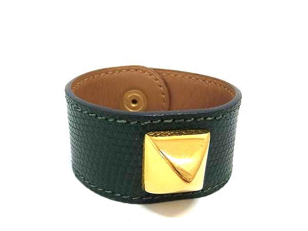 1円 ■極上■本物■美品■ HERMES エルメス メドール リザード ゴールド金具 ブレスレット バングル アクセサリー グリーン系 FS6672拍卖