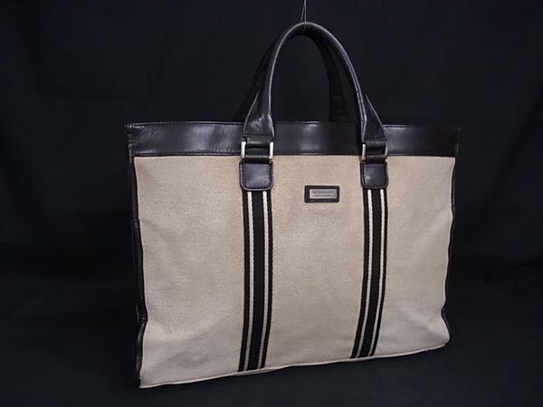 1円 BURBERRY バーバリーブラックレーベル キャンバス×レザー ビジネスバッグ ハンドバッグ トート メンズ ベージュ系 GA5786拍卖