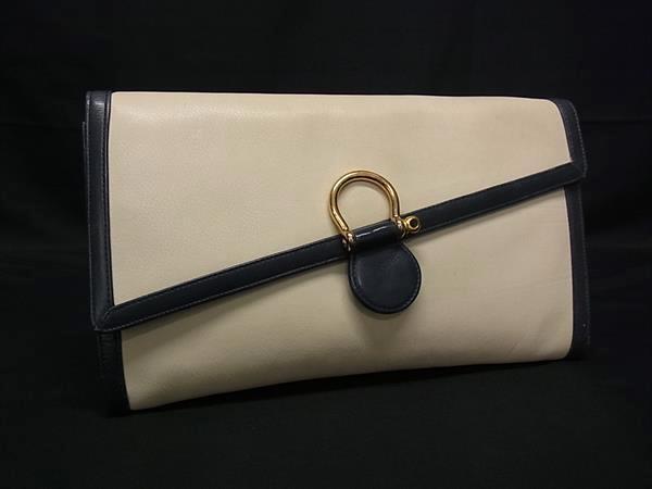 1円 GUCCI グッチ オールドグッチ ヴィンテージ レザー クラッチバッグ セカンドバッグ アイボリー系×ネイビー系 BQ2616拍卖