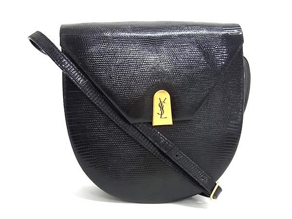 1円 YVESSAINTLAURENT イヴサンローラン リザード型押しレザー クロスボディ ショルダーバッグ 斜め掛け レディース ブラック系 FU4742拍卖