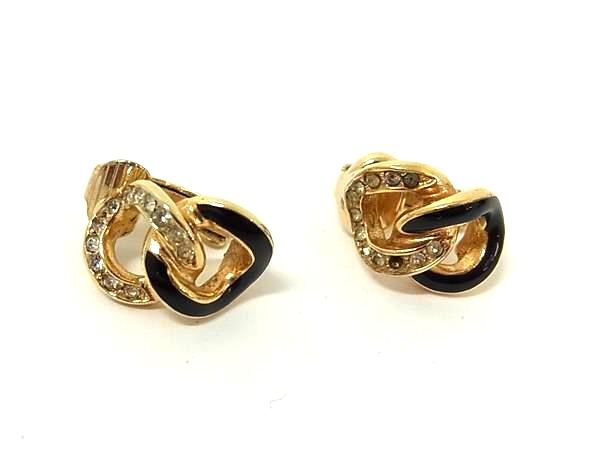 1円 ChristianDior ディオール ヴィンテージ ラインストーン クリップ式 イヤリング アクセサリー ゴールド系×ブラック系 FS6315拍卖