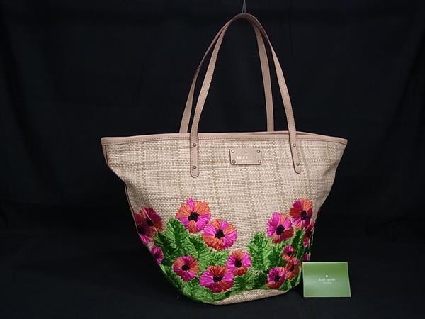 1円 ■美品■ kate spade ケイトスペード ラフィア×レザー フラワー トートバッグ ショルダー 肩掛け ベージュ系×マルチカラー FU4941拍卖