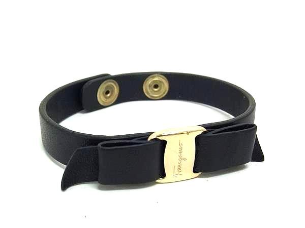 1円 ■美品■ Salvatore Ferragamo フェラガモ ヴァラリボン レザー ブレスレット バングル アクセサリー ダークネイビー系 FS6130拍卖