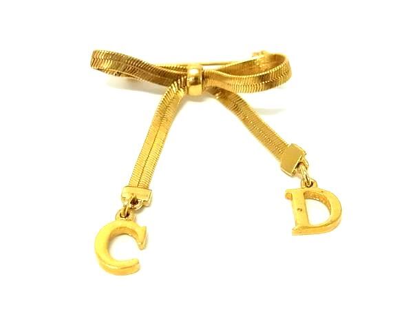 1円 ■美品■ ChristianDior クリスチャンディオール ヴィンテージ リボン ピンバッジ ピンブローチ ゴールド系 FU4411拍卖