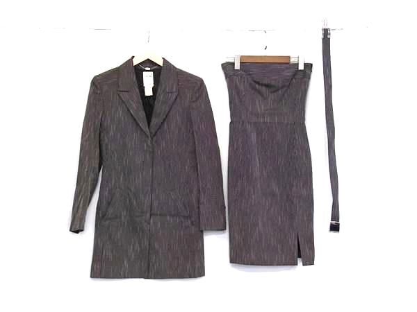 1円 CELINE セリーヌ ウール×ビスコース等 ベルト付き セットアップ ジャケット スカート 洋服 レディース ブラック系 BP5802拍卖