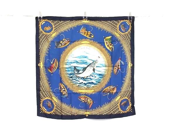 1円 ■美品■ HUNTING WORLD ハンティングワールド シルク100% 魚 フィッシュ 大判 スカーフ ストール ショール ブルー系 BR0915拍卖