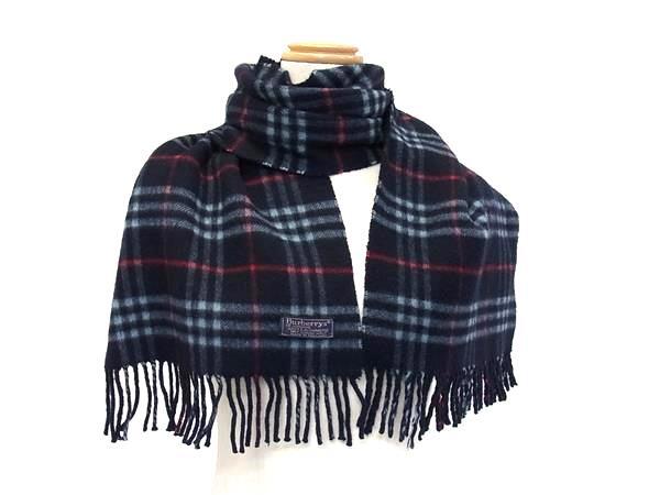 1円 ■美品■ Burberrys バーバリーズ ノバチェック カシミヤ100% フリンジ マフラー 防寒具 レディース メンズ ダークネイビー系 FU4227拍卖