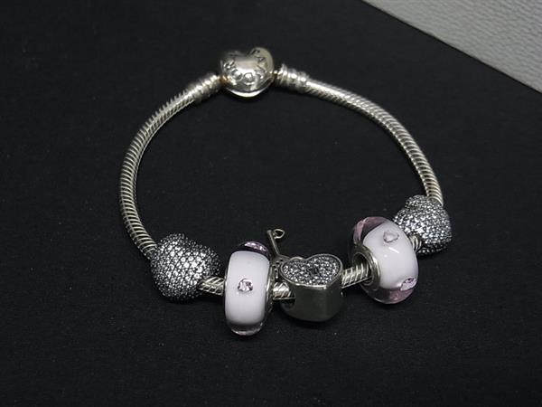 1円 PANDORA パンドラ SV925 ラインストーン ハート カデナ カギ ブレスレット アクセサリー レディース シルバー系×ホワイト系 FU4228拍卖