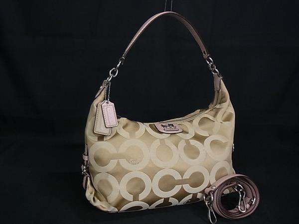 1円 COACH コーチ 18653 オプアート キャンバス 2WAY ショルダーバッグ ハンドバッグ レディース ライトブラウン系×ピンク系 GB2394拍卖