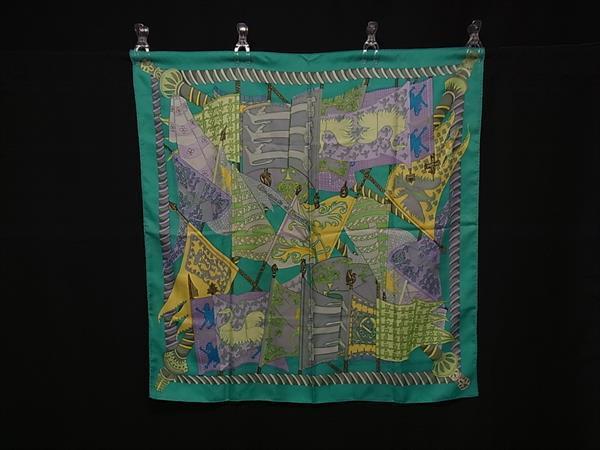 1円 HERMES エルメス Etendards et Bonnieres【旗】カレ90 大判 シルク スカーフ ストール ショール エメラルドグリーン系 FV3446拍卖