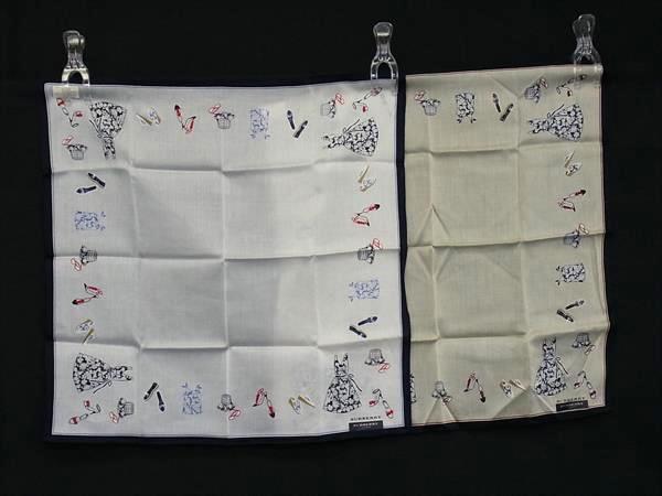 ■新品同様■ BURBERRY バーバリー コットン100% ハンカチーフ ポケットチーフ 2枚セット まとめ売り ベージュ系×ホワイト系 DJ1387拍卖