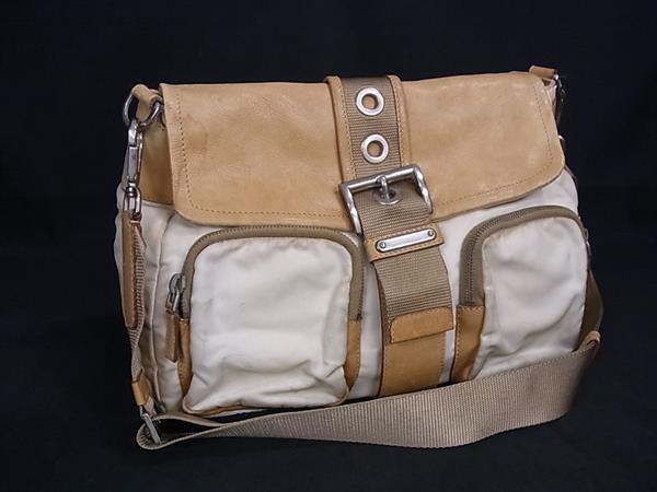 1円 PRADA プラダ テスートナイロン×レザー クロスボディ ショルダーバッグ 斜め掛け 肩掛け ライトベージュ系×ブラウン系 FR6659拍卖