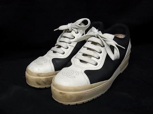 1円 CHANEL シャネル ココマーク レザー スニーカー 靴 シューズ レディース アイボリー系×ブラック系 FV3949拍卖