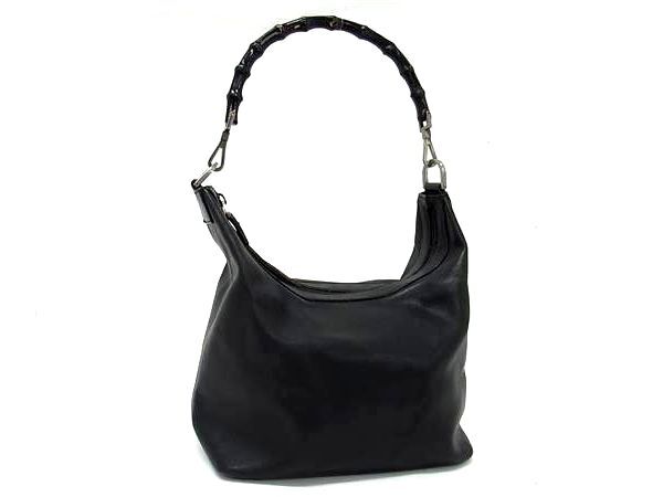 1円 GUCCI グッチ バンブー レザー ワンショルダーバッグ ハンドバッグ 肩掛け レディース ブラック系 FV0443拍卖