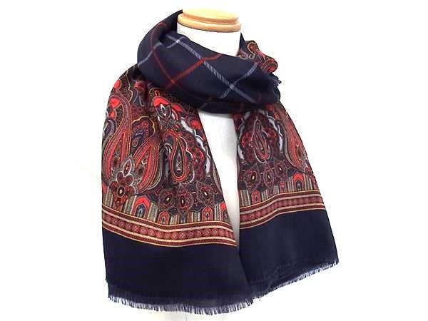 1円 Burberrys バーバリーズ ウール100% 大判 スカーフ ストール ショール レディース メンズ ネイビー系×レッド系 FP2033拍卖
