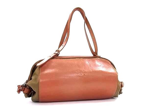 1円IL BISONTE イルビゾンテ レザー×キャンバス ショルダーバッグ トートバッグ 肩掛け メンズ レディース ブラウン系×カーキ系 FV3870拍卖