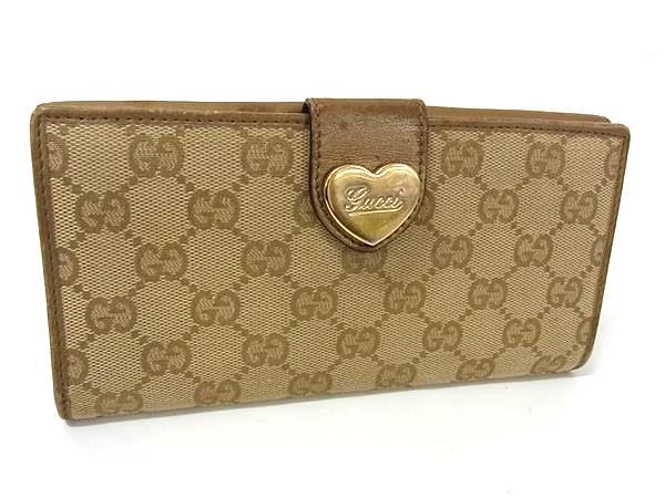 1円 GUCCI グッチ 203550 0416 GG柄 GGキャンバス×レザー ハート Wホック 二つ折り 長財布 ウォレット 小銭入れ ベージュ系 FQ3006拍卖