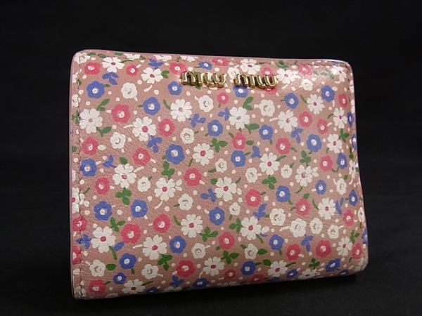 1円 miumiu ミュウミュウ レザー フラワー 花柄 二つ折り 財布 ウォレット 小銭入れ 札入れ レディース ピンクベージュ系 FQ3015拍卖