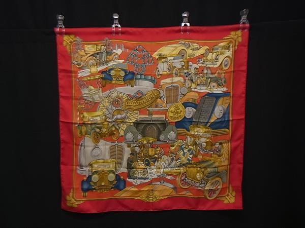 1円 ■美品■ HERMES エルメス AUTOMOBILE【オートモービル】カレ90 シルク100% 大判 スカーフ ストール レッド系×マルチカラー FU5600拍卖