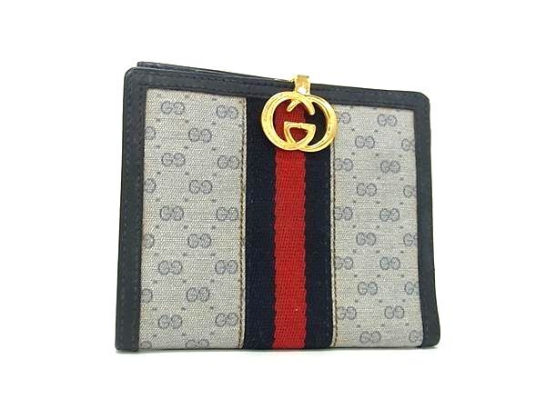 1円 GUCCI グッチ オールドグッチ ヴィンテージ シェリーライン レザー×キャンバス 二つ折り 財布 ウォレット ネイビー系 FV4000拍卖