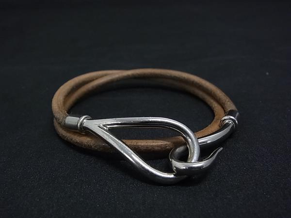 1円 HERMES エルメス ジャンボ レザー シルバー金具 2連 ブレスレット チョーカー アクセサリー レディース ブラウン系 FV3907拍卖