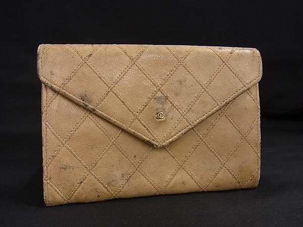 1円 CHANEL シャネル ココマーク ビコローレ マトラッセ ラムスキン ゴールド金具 二つ折り 財布 ウォレット 小銭入れ ベージュ系 FQ3020拍卖