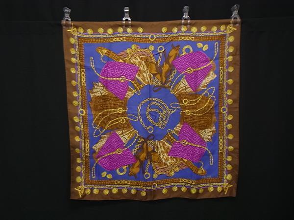 1円 ■美品■ CELINE セリーヌ シルク100% 大判 スカーフ ストール ショール レディース ブラウン系×パープル系 FU5833拍卖