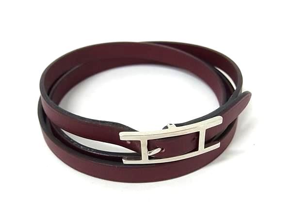 1円 HERMES エルメス アピ3 レザー シルバー金具 4連 ブレスレット アクセサリー チョーカー □J刻印 レッド系 FV3910拍卖