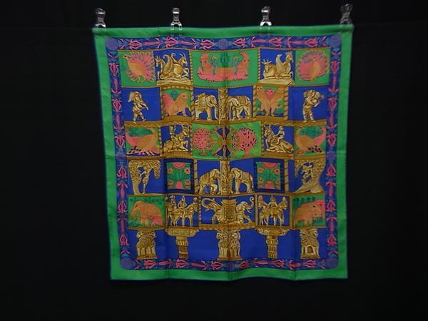 1円 HERMES エルメス TRANA 【塔門】 カレ90 シルク100% 大判 スカーフ ストール ショール レディース グリーン系×マルチカラー FU4722拍卖