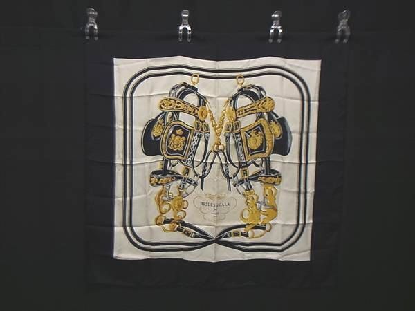 1円 HERMES エルメス BRIDES de GALA 【式典用馬勒】カレ90 シルク100% スカーフ ストール ショール アイボリー系×ブラック系 FU5964拍卖