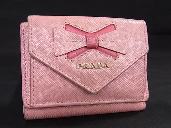 1円 PRADA プラダ サフィアーノレザー リボン 三つ折り 財布 ウォレット 札入れ 小銭入れ ピンク系 FV4037拍卖