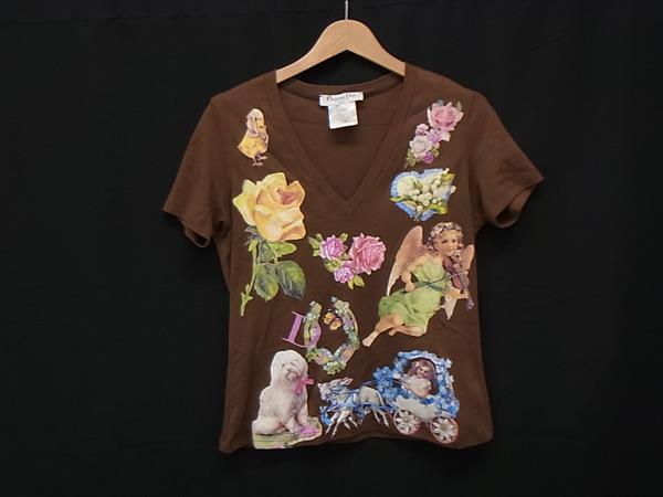 1円 ■極美品■ ChristianDior クリスチャンディオール コットン100% 半袖 Tシャツ トップス 洋服 ブラウン系×マルチカラー FP8783拍卖